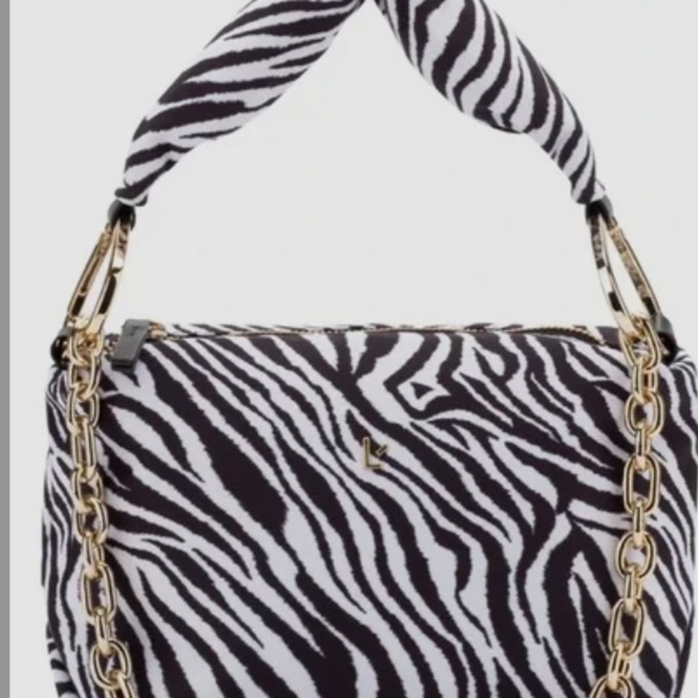 Larroude Zebra Print Shoulder Bag in Black and White with Gold Chain